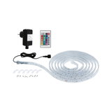 Bande LED flexible avec télécommande et adaptateur, matériau transparent pour éclairage coloré.
