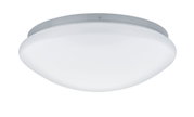 Round ceiling light with white plastic shade and grey metal rim for indoor lighting