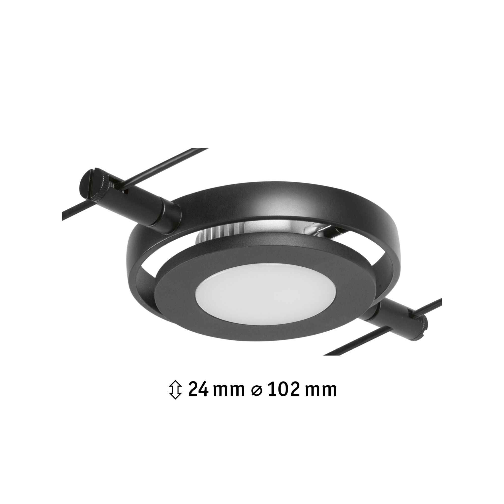 Schwarze LED-Seilstrahlerleuchte aus Metall mit rundem Diffusor und 102 mm Durchmesser für moderne Beleuchtung