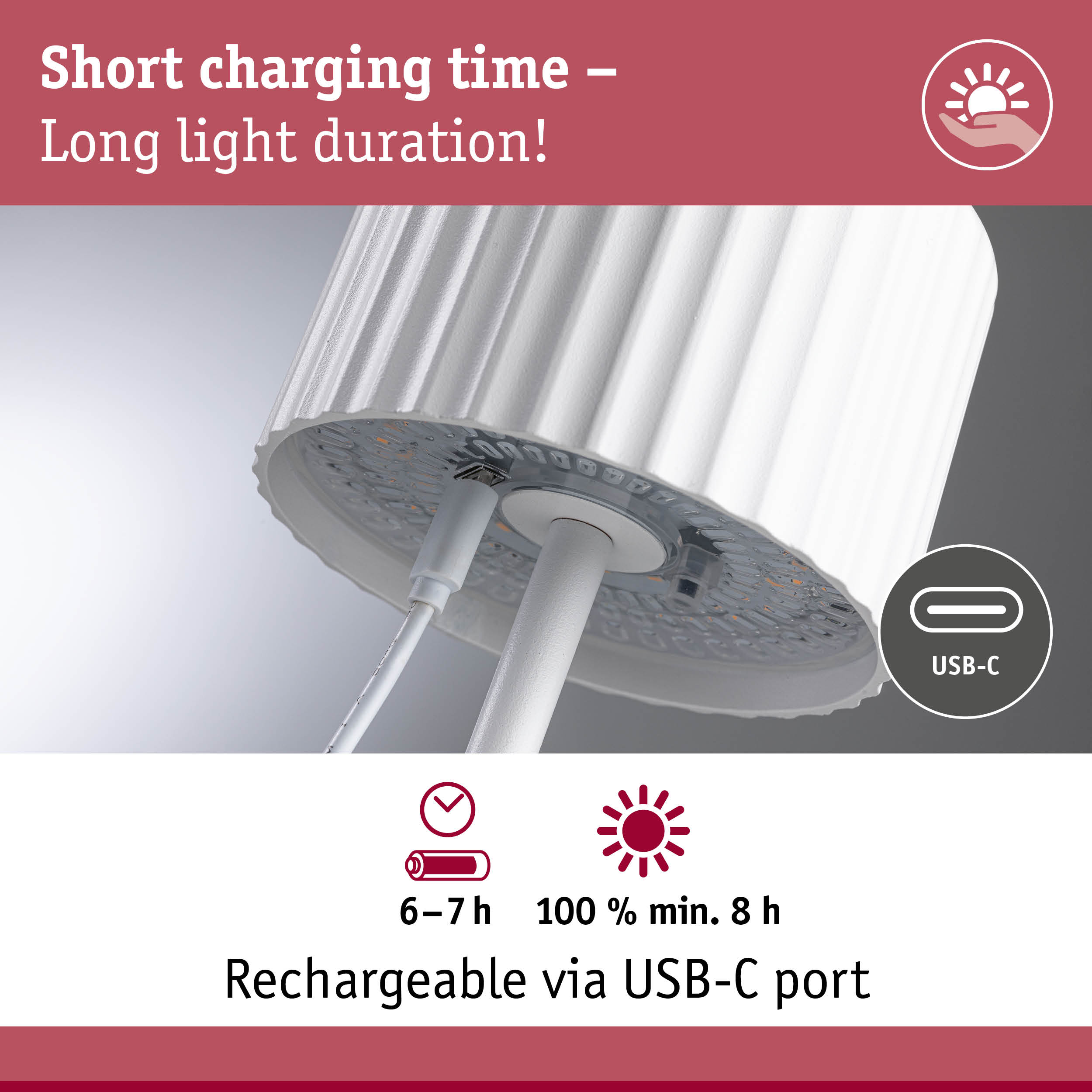 White LED light with USB-C charging port and long light duration of at least 8 hours