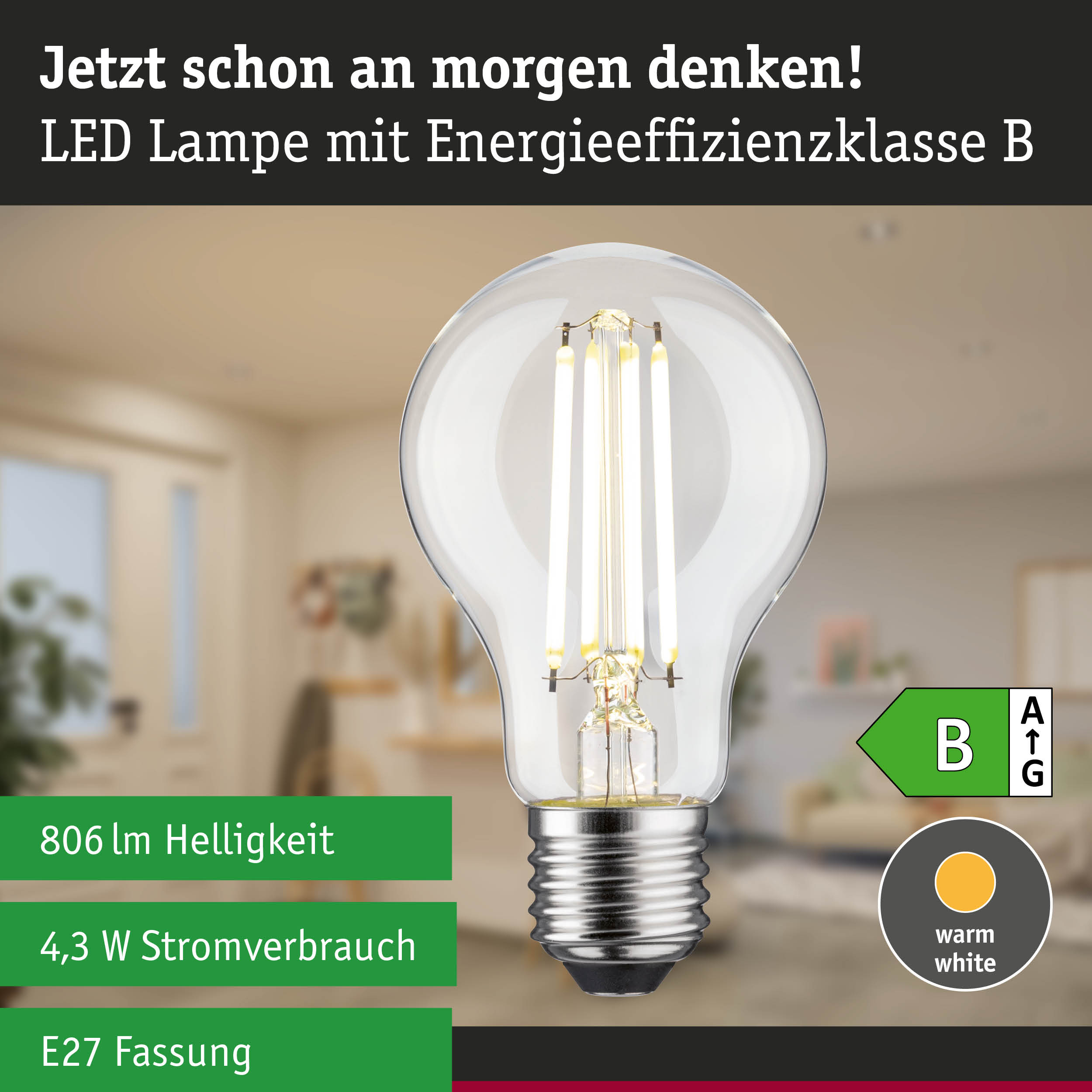 Energiesparende LED-Lampe mit neutralweißem Licht und 3-Stufen-Dimmfunktion vor Waldhintergrund