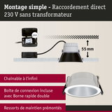 Montage simple d’un spot LED encastré blanc avec 55 mm de profondeur et raccordement direct 230 V