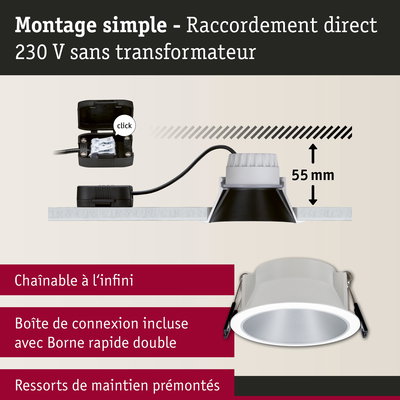 Montage simple d’un spot LED encastré blanc avec 55 mm de profondeur et raccordement direct 230 V
