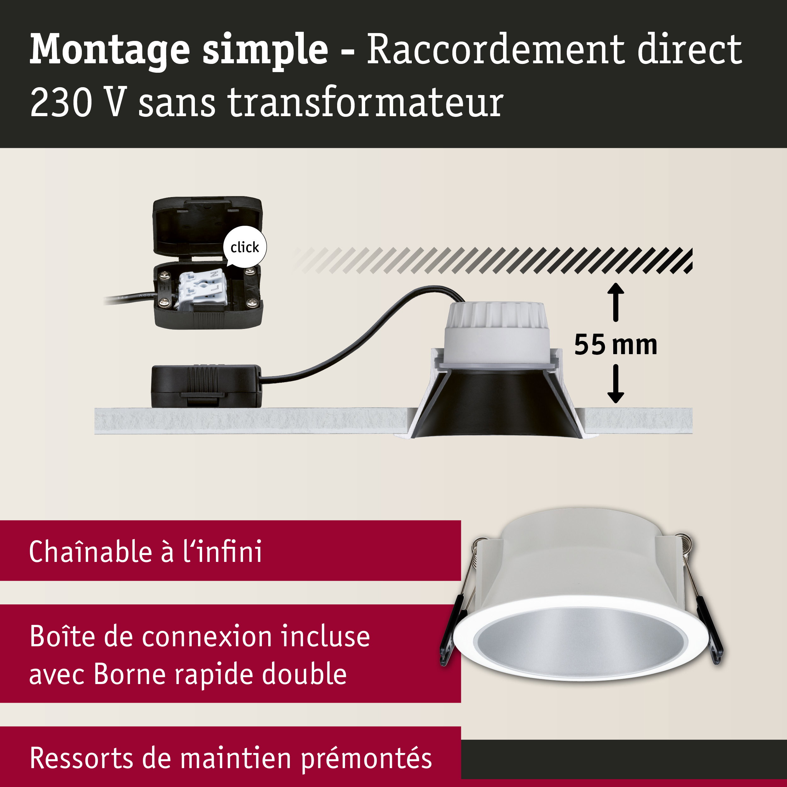 Spot encastré blanc avec profondeur d'installation de 55 mm et raccordement direct 230 V sans transformateur