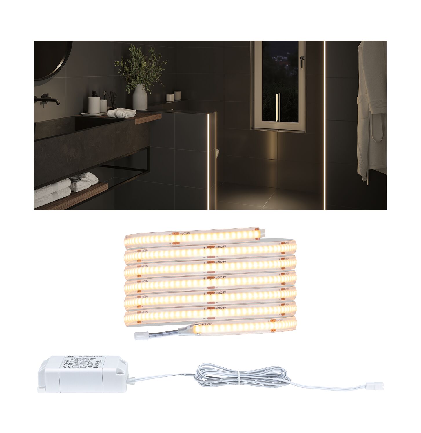 Warm white LED strip with power supply for indirect lighting in modern bathroom interiors