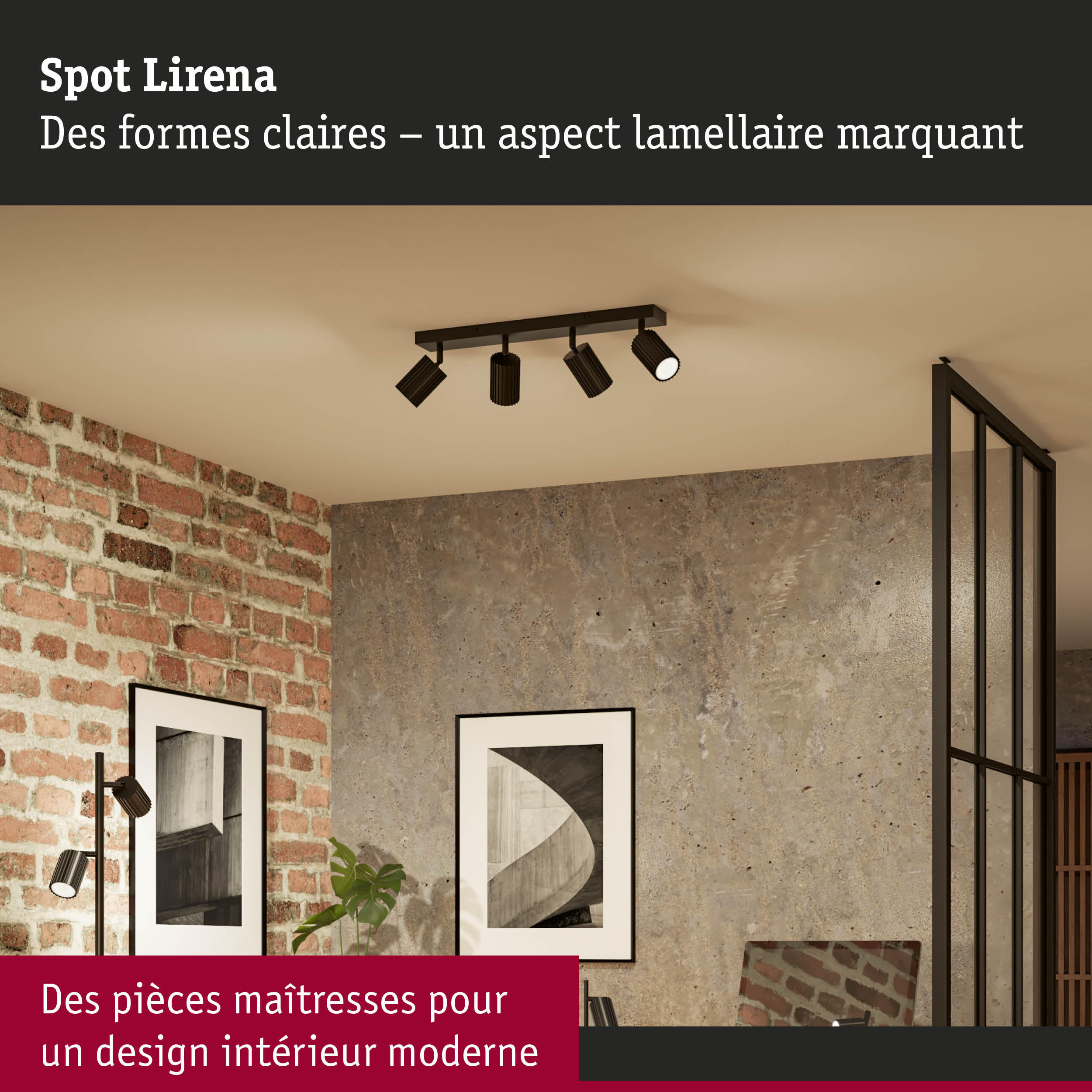 Spot Lirena noir avec quatre projecteurs réglables pour un design intérieur moderne
