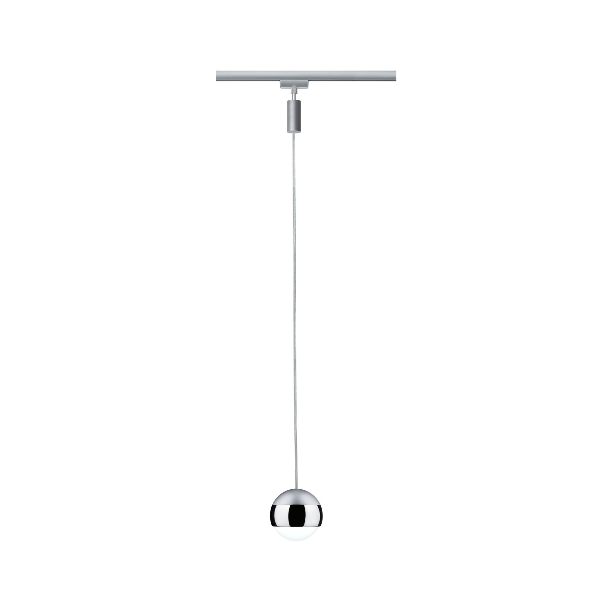 Modern pendant light with spherical chrome and opal glass shade on silver track lighting