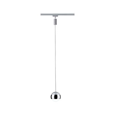 Modern pendant light with spherical chrome and opal glass shade on silver track lighting