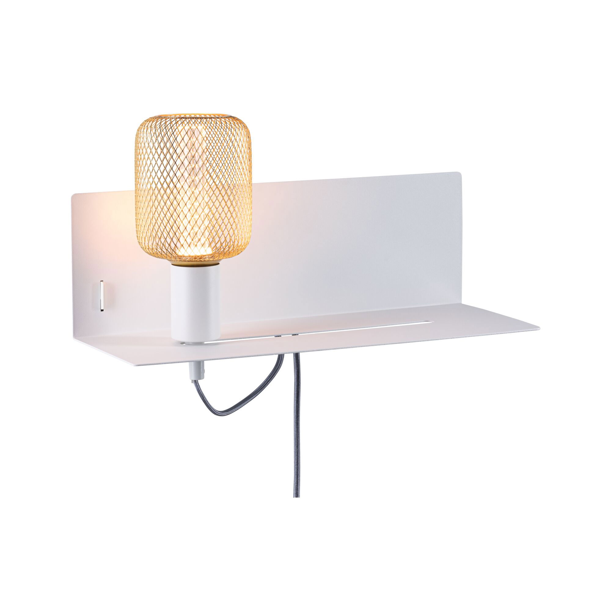 Weiße Wandlampe mit goldenem Metallgitter und integriertem Regal für modernes Wohnambiente
