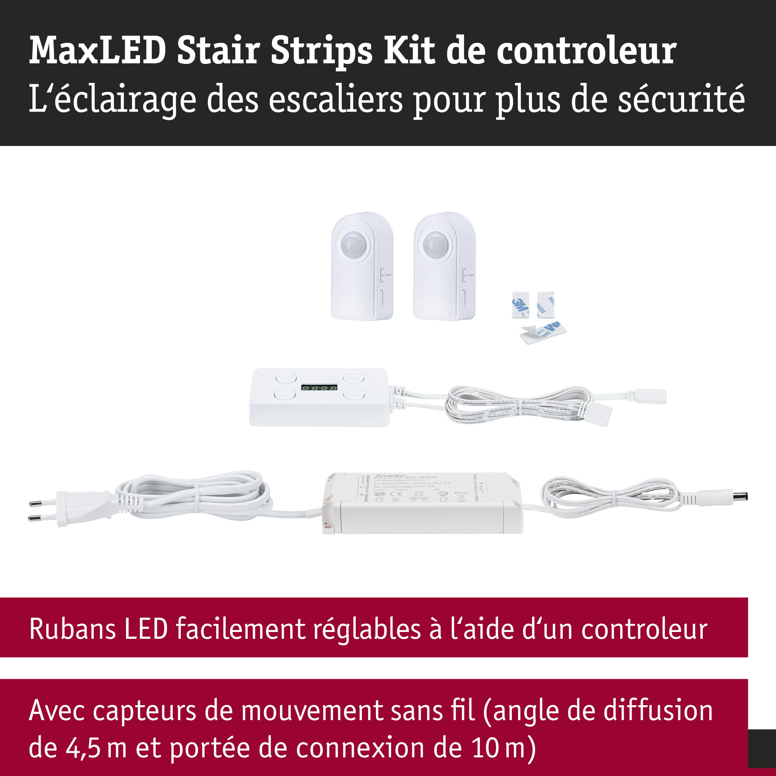 Kit de contrôle MaxLED pour éclairage d'escalier avec capteurs de mouvement blancs et câbles LED