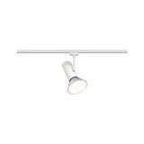 Weißer LED-Strahler aus Metall an Schienensystem für flexible Beleuchtung im Innenraum