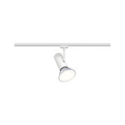 Weißer LED-Strahler aus Metall an Schienensystem für flexible Beleuchtung im Innenraum