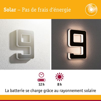 Chiffre solaire 9 en plastique blanc avec éclairage LED et batterie rechargeable longue durée