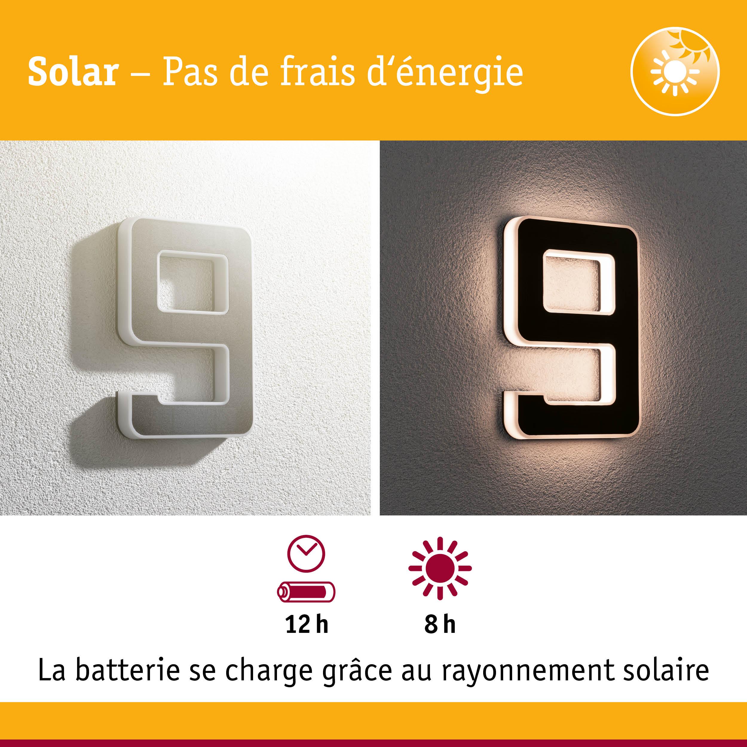 Chiffre solaire 9 en plastique blanc avec éclairage LED et batterie rechargeable longue durée