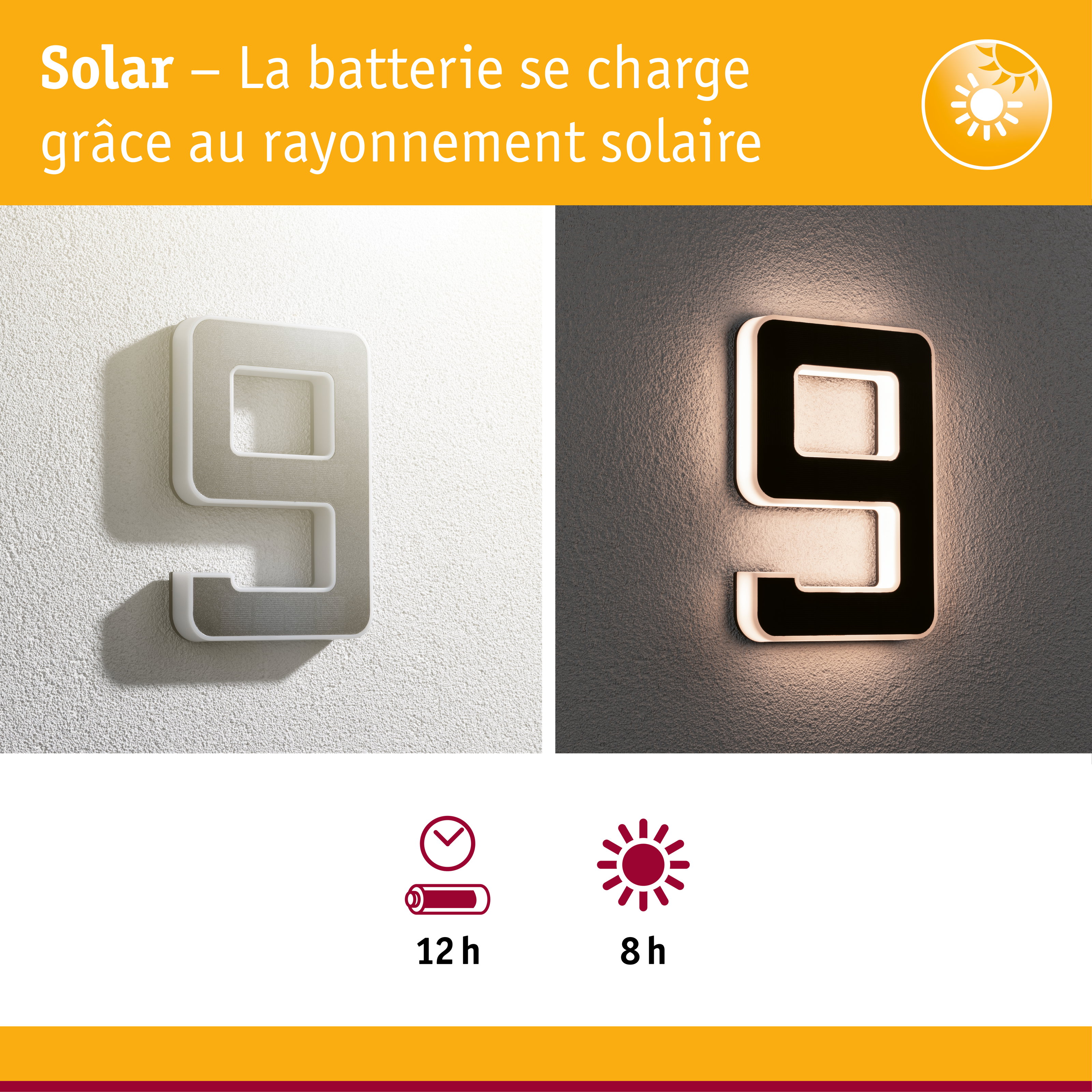 Applique murale moderne solaire en blanc et noir avec éclairage LED et longue autonomie de batterie