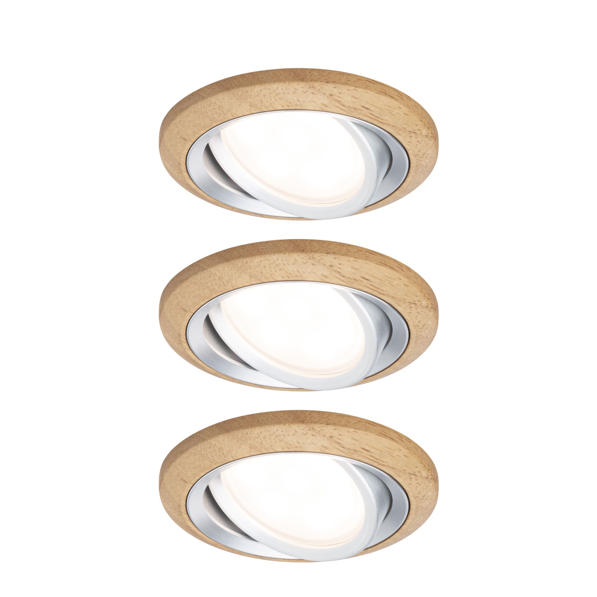 Three round recessed spotlights with wooden frame and white light, modern LED ceiling lighting