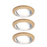 Three round recessed spotlights with wooden frame and white light, modern LED ceiling lighting