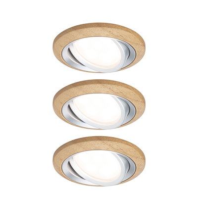 Three round recessed spotlights with wooden frame and white light, modern LED ceiling lighting