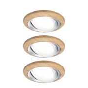 Three round recessed spotlights with wooden frame and white light, modern LED ceiling lighting
