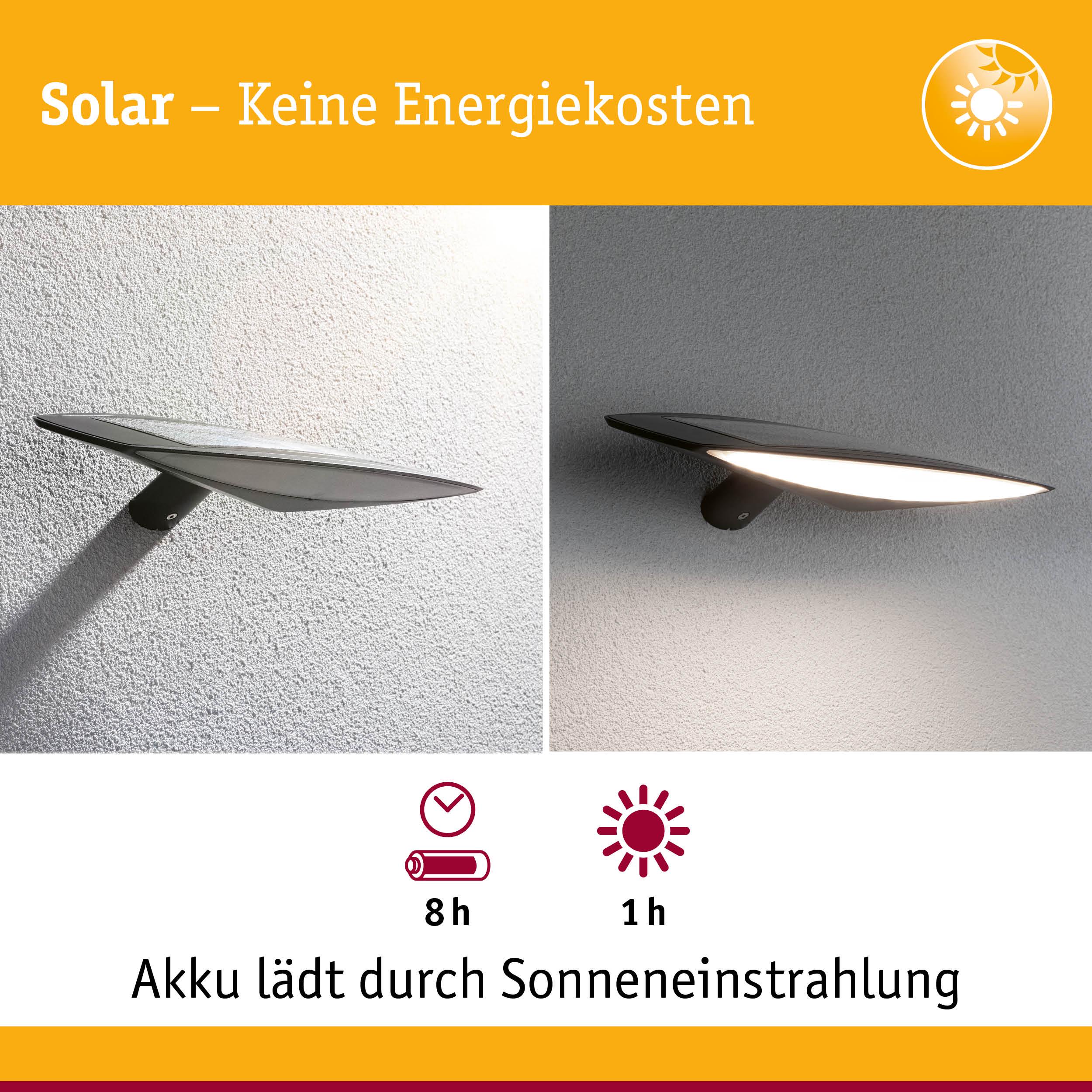 Solarbetriebene Wandlampe in Schwarz mit LED-Leuchte, lädt Akku durch Sonneneinstrahlung, energiesparend