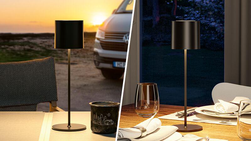 Schwarze mobile Tischleuchte aus Metall mit rundem Sockel, ideal für stimmungsvolle Beleuchtung im Innen- und Außenbereich