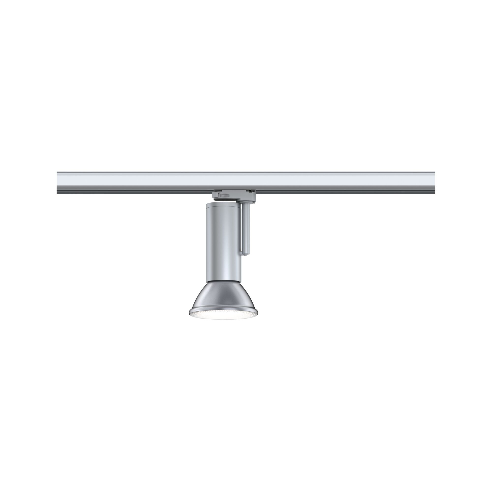 Silberner LED-Strahler aus Metall an Schienensystem für flexible Beleuchtung im Innenraum