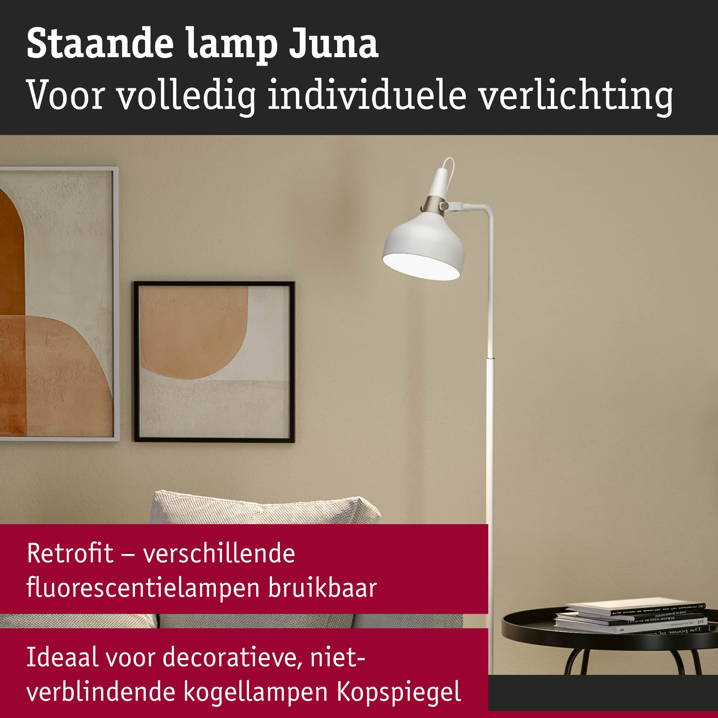 Witte staande lamp Juna met verstelbare kap voor individuele verlichting in woonruimtes