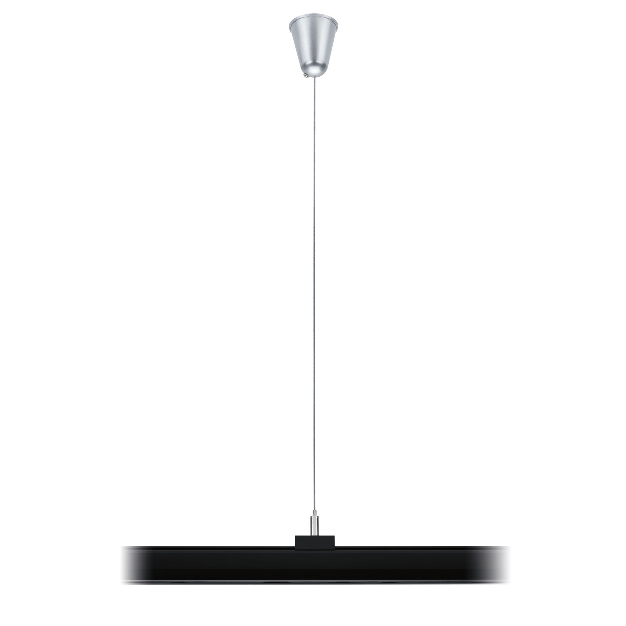 Black metal LED pendant light with silver ceiling mount for modern indoor lighting solutions