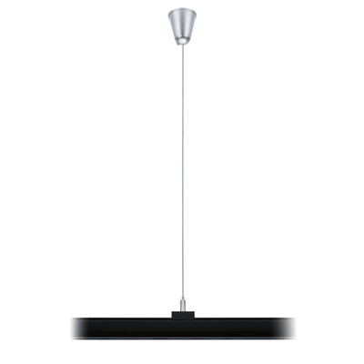 Black metal LED pendant light with silver ceiling mount for modern indoor lighting solutions