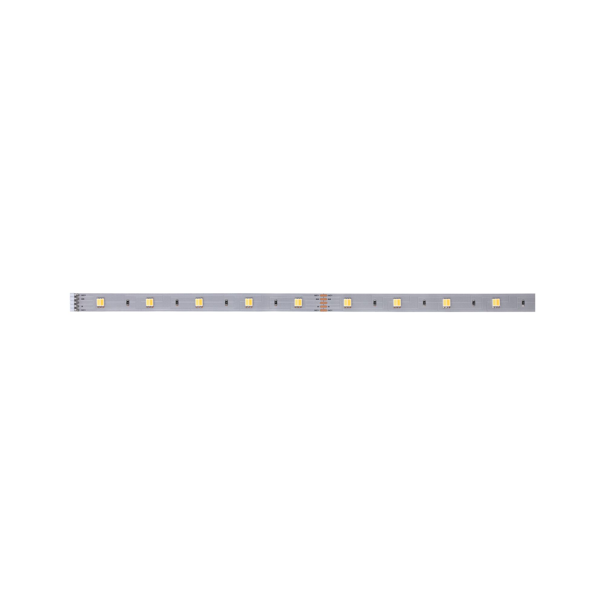 Long LED strip with warm white LEDs on silver board for versatile lighting applications