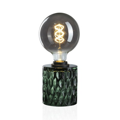 Table lamp with green glass base and large bulb featuring decorative LED filament for ambient lighting
