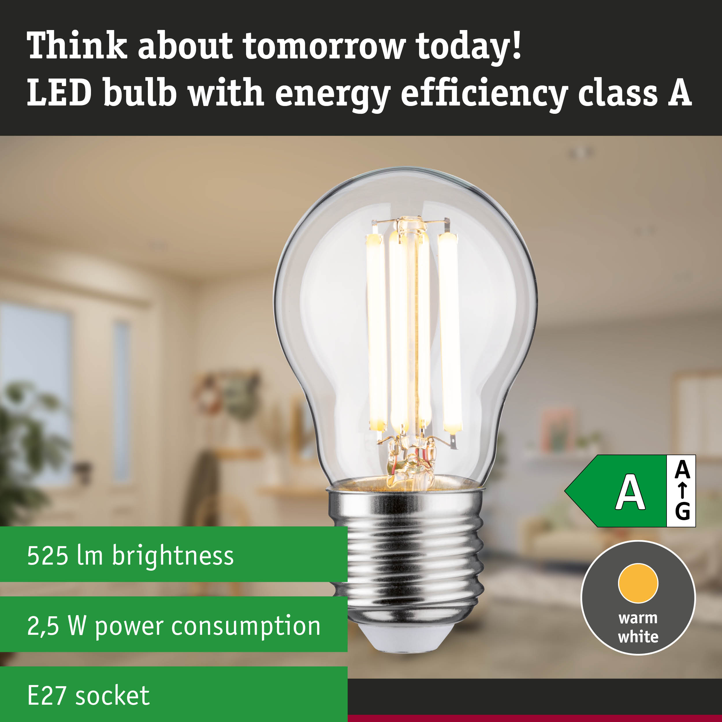 Clear LED bulb with warm white light and high energy efficiency against green forest background