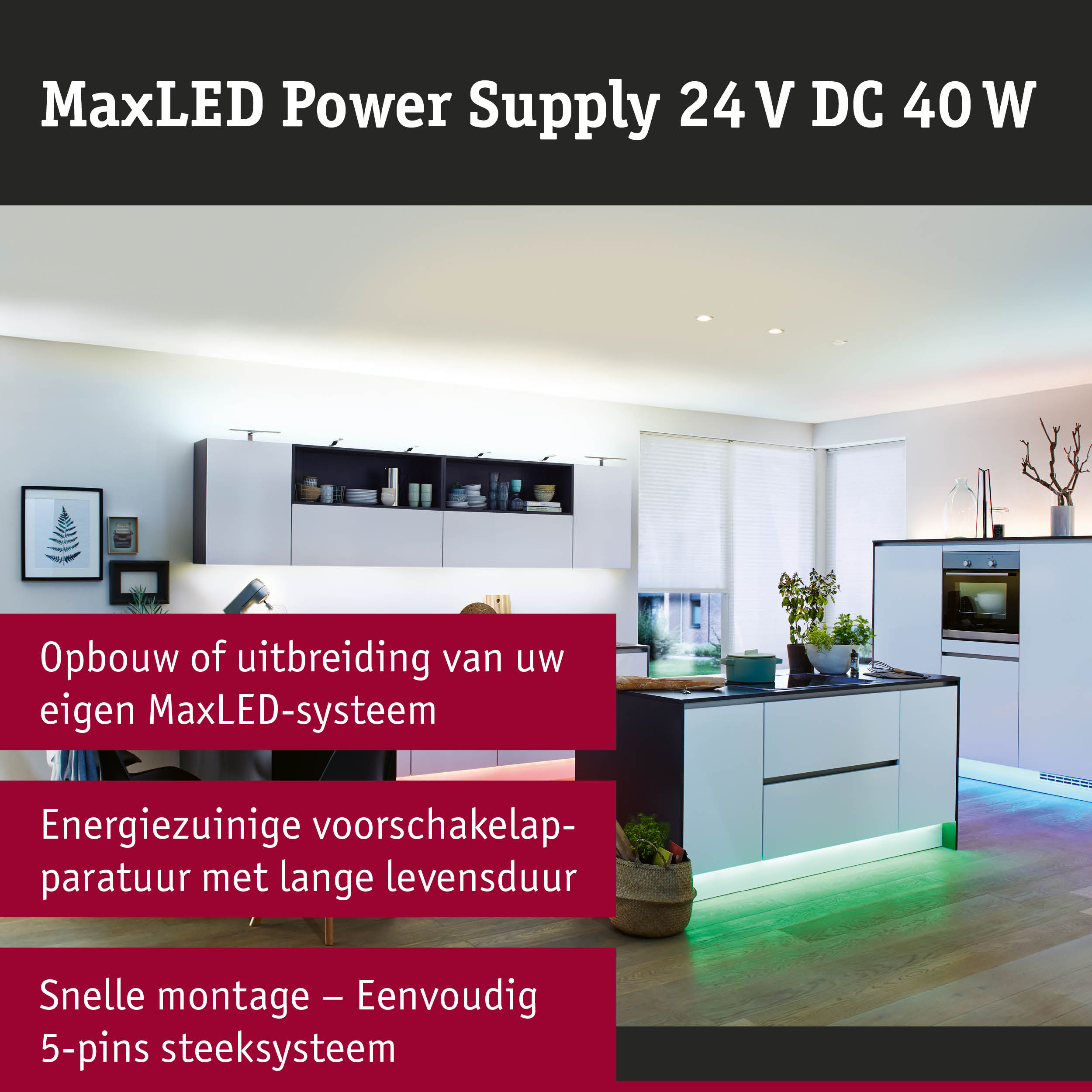 Moderne witte keuken met LED-verlichting en energiezuinig MaxLED-systeem voor woonverlichting