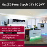 Modern white kitchen with LED lighting under island featuring energy-efficient MaxLED lighting system