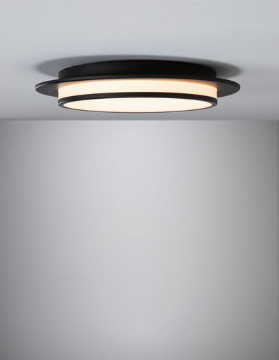 Runde Deckenleuchte aus schwarzem Metall mit warmweißem LED-Licht für moderne Wohnräume