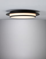 Rund loftlampe i sort metal med varmt hvidt LED-lys til moderne boligbelysning