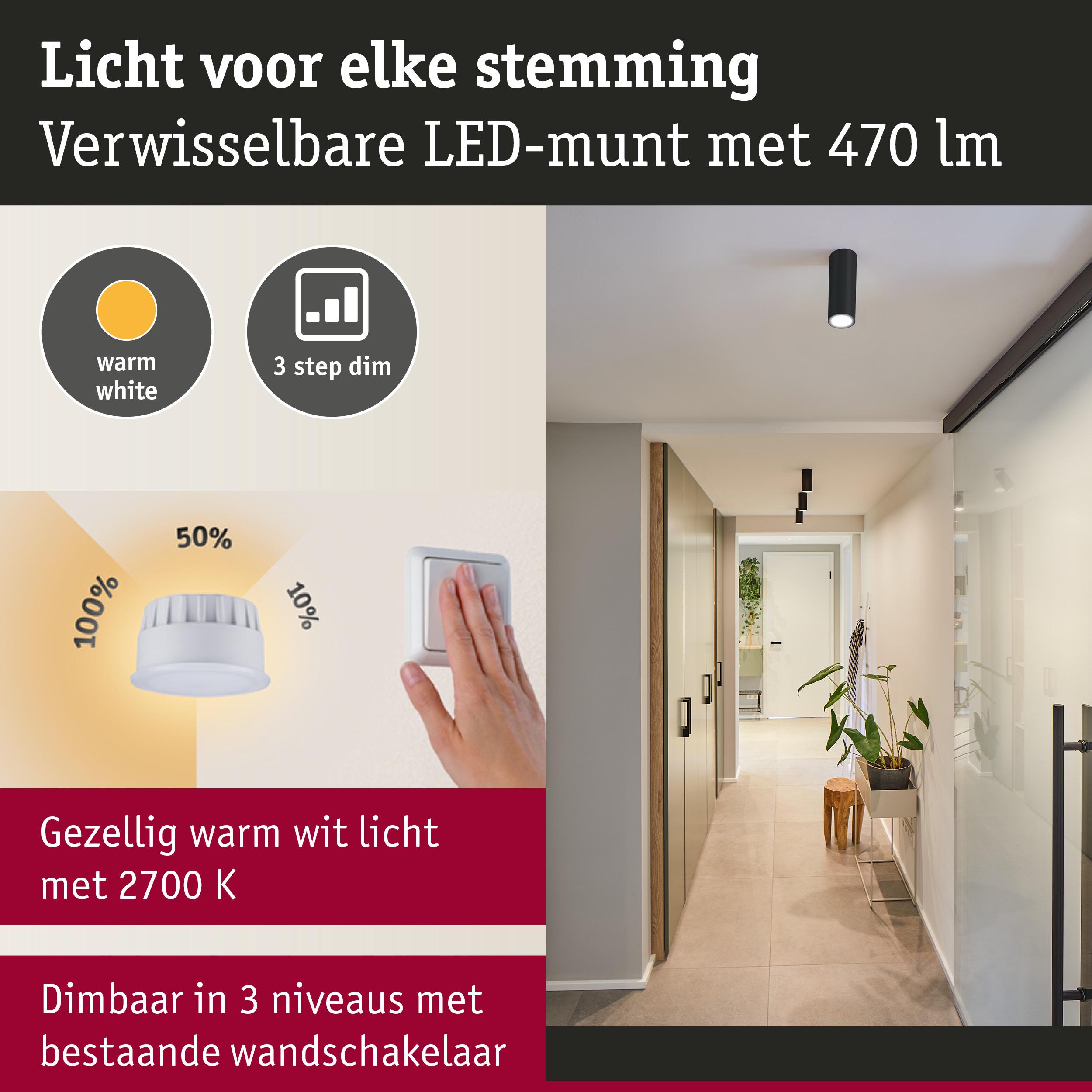 Zwarte LED-plafondlamp met warm wit licht en 3-standen dimmer in een moderne gang