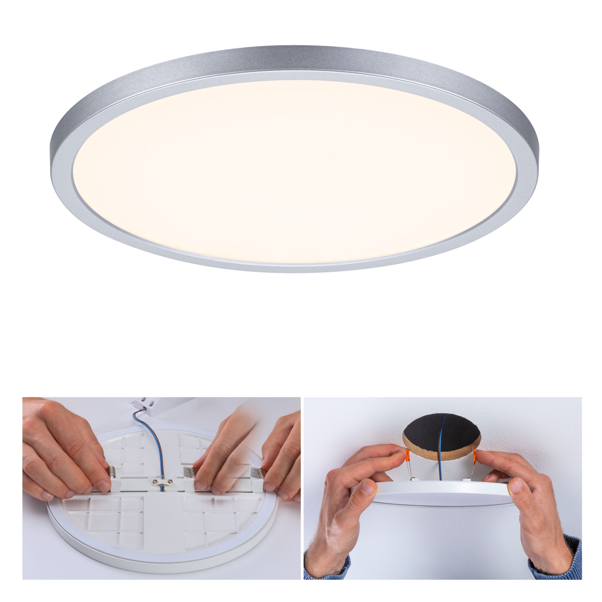 Round LED ceiling light with silver aluminum frame and warm white light, installation steps with spring clips.