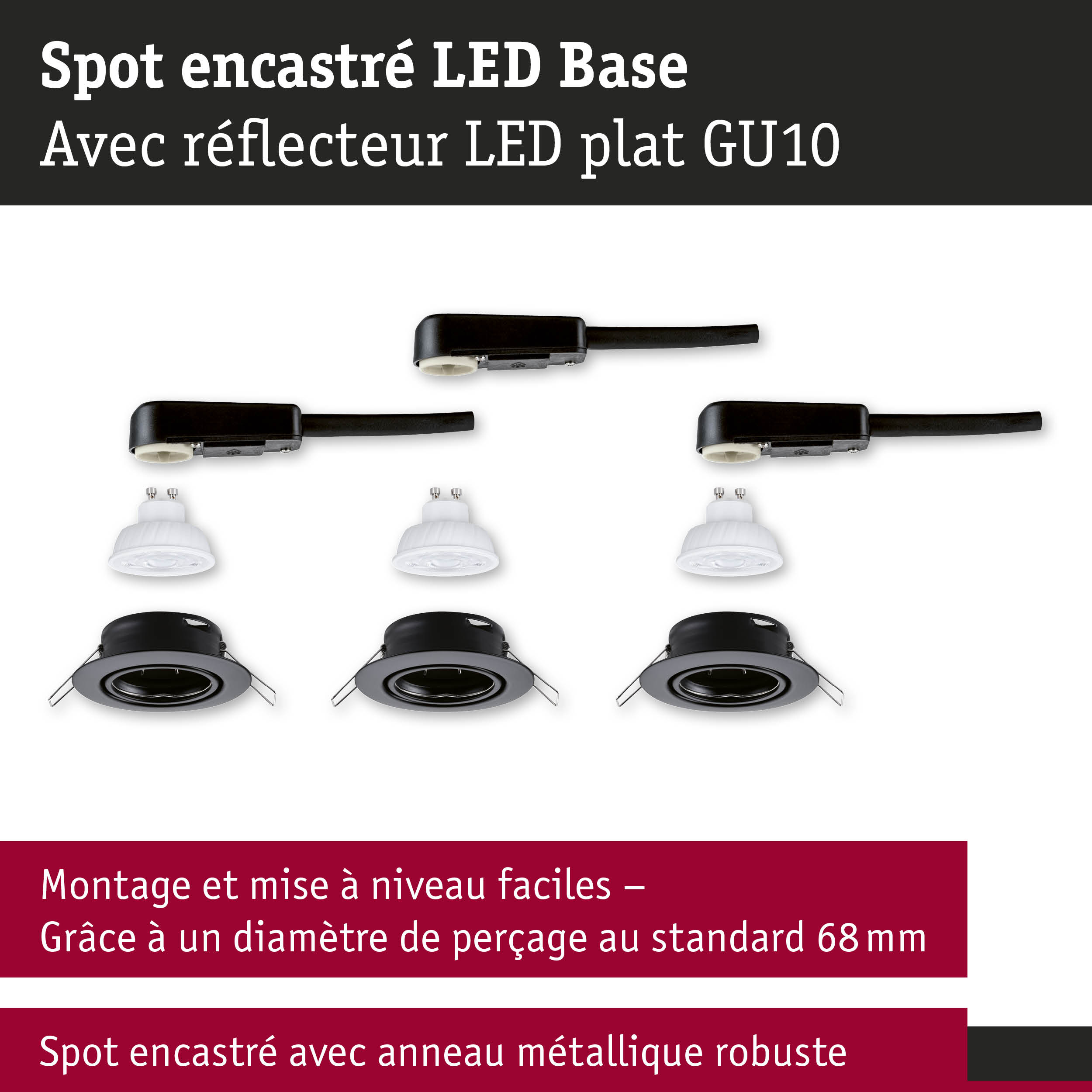 Spots encastrés LED noirs avec réflecteur plat GU10 et anneau métallique robuste pour perçage standard 68 mm