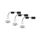 Three white LED recessed spotlights with silver metal frame and black cable for modern room lighting
