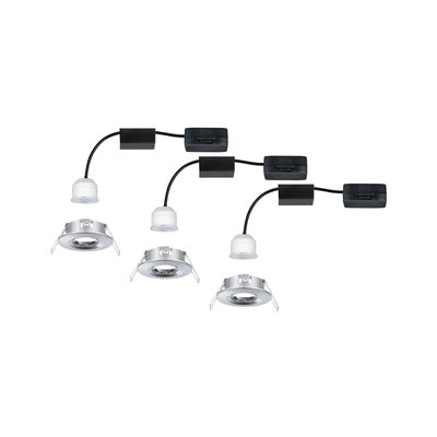 Three white LED recessed spotlights with silver metal frame and black cable for modern room lighting