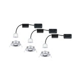 Three white LED recessed spotlights with silver metal frame and black cable for modern room lighting