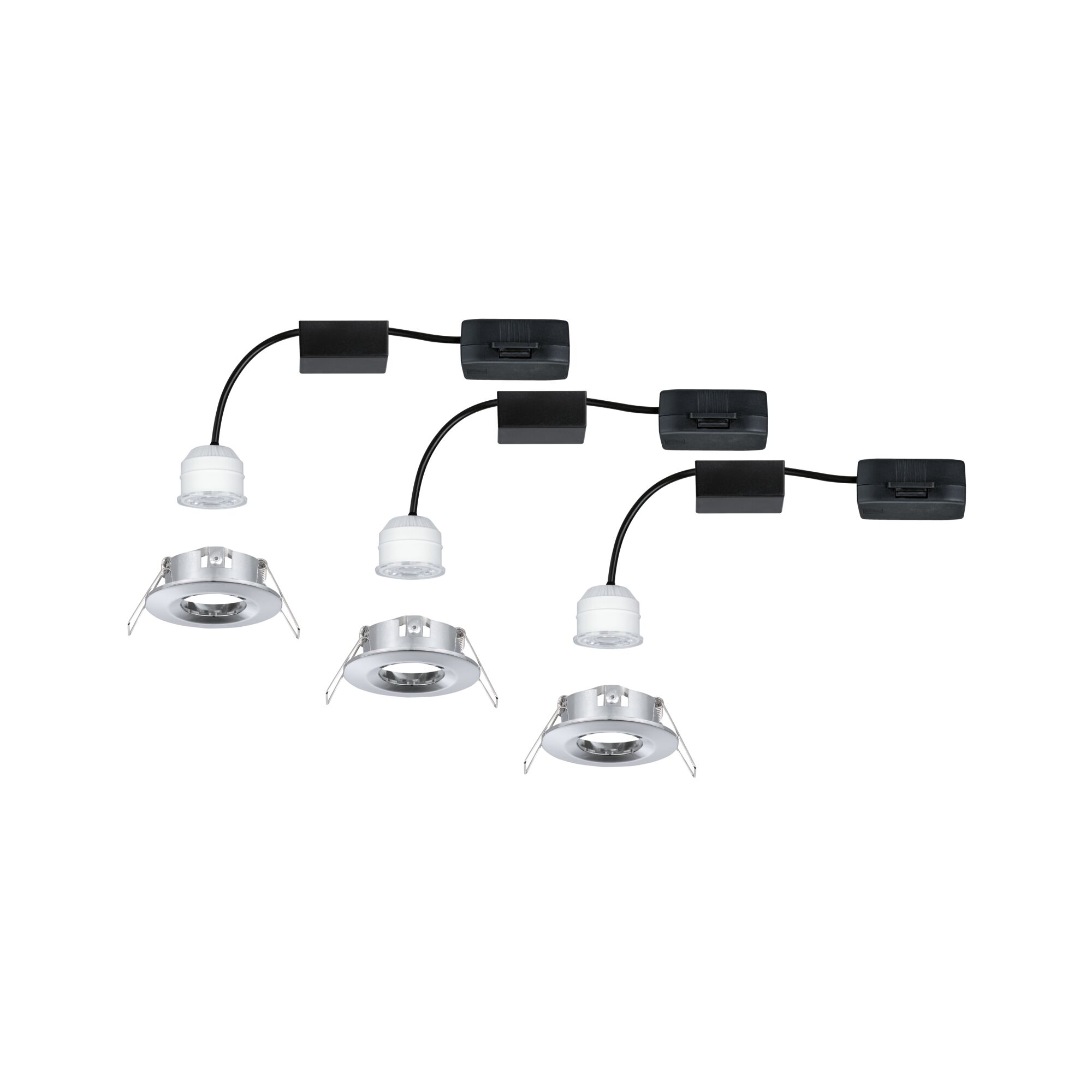 Drei weiße LED-Einbaustrahler mit silbernem Metallrahmen und schwarzem Kabel für moderne Raumbeleuchtung