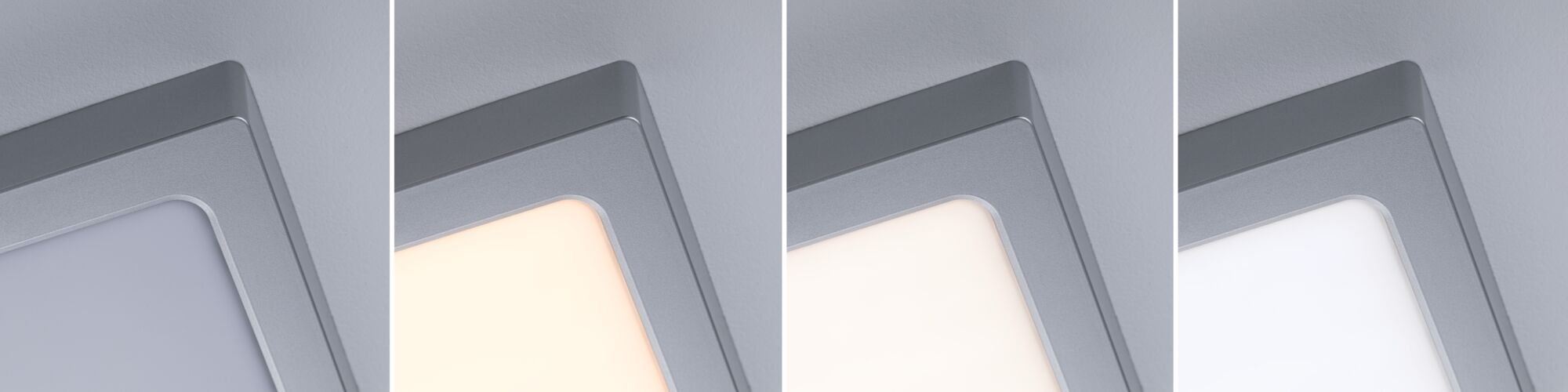 Vier Bilder einer quadratischen Deckenleuchte aus silbernem Aluminium mit variabler Lichtfarbe