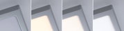 Vier Bilder einer quadratischen Deckenleuchte aus silbernem Aluminium mit variabler Lichtfarbe