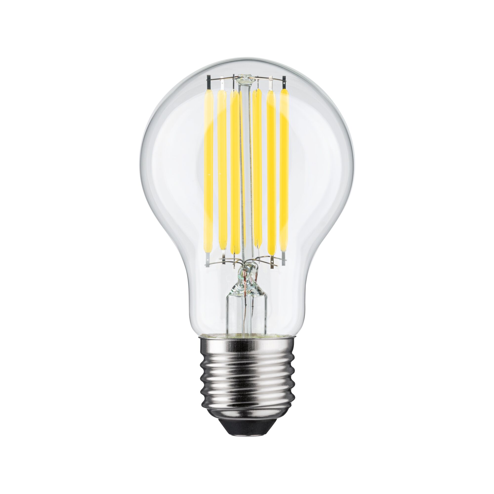 Klassisk LED-pære med klart glas og gule filamenter, energibesparende belysning