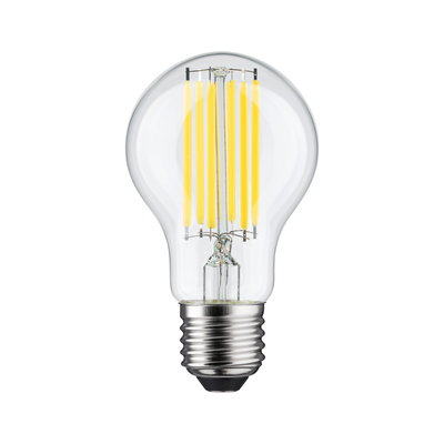 Klassisk LED-pære med klart glas og gule filamenter, energibesparende belysning