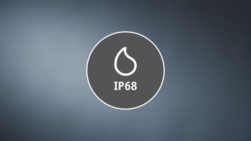 IP68 rating icon with water drop on grey background indicating waterproof LED lighting