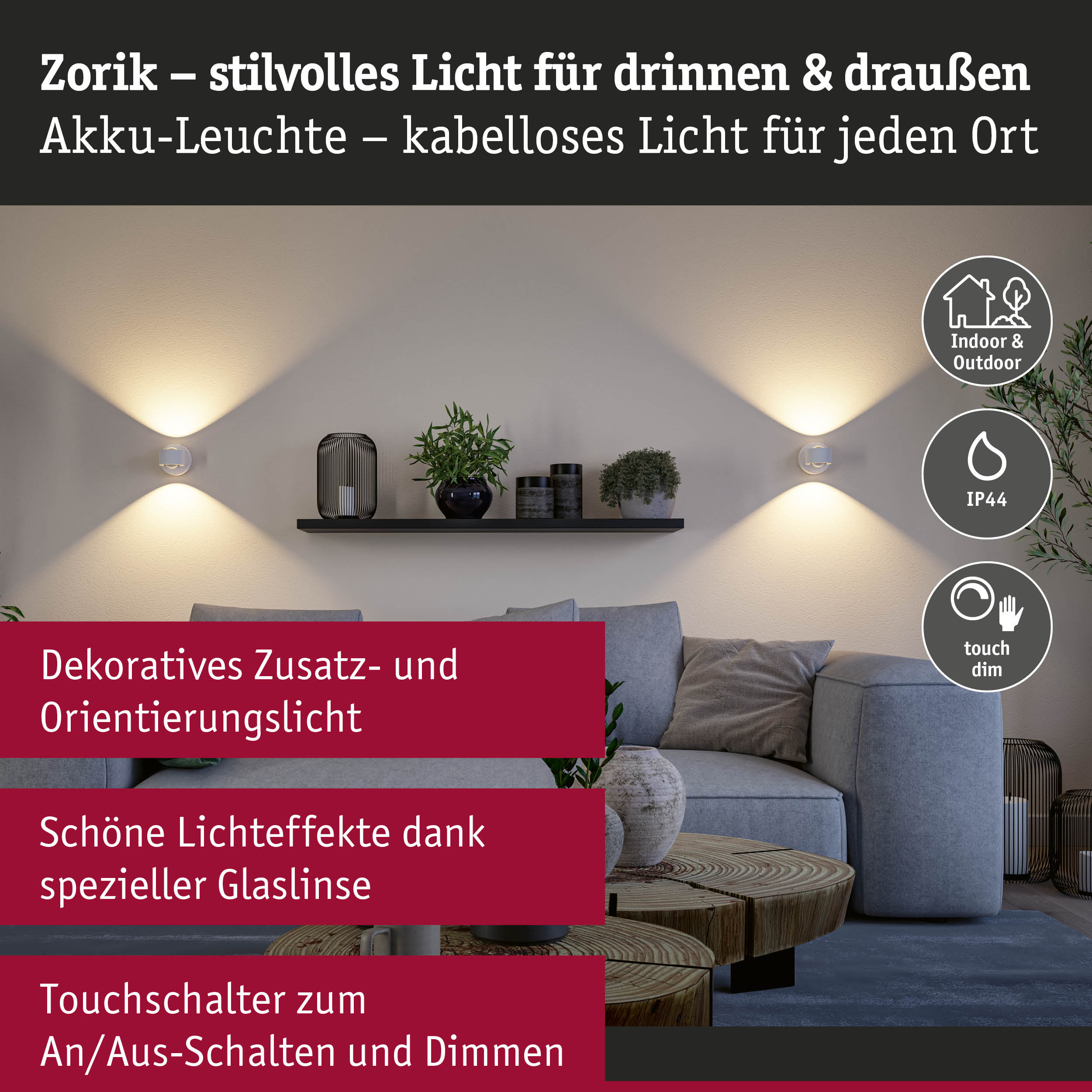 Kabellose Zorik Akku-Leuchte in Weiß mit dekorativem Licht für Innen und Außen, dimmbar per Touch