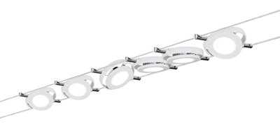 Modern white LED cable spotlights with chrome accents for flexible room lighting